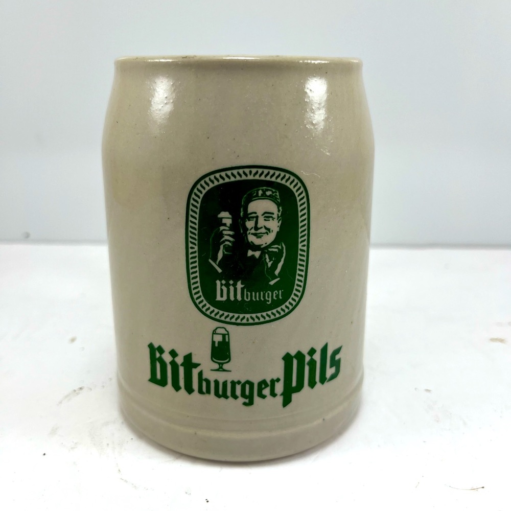 Vintage Bitburger Pils Beer Stein Ceramic Mug Germany Green Logo .4 FS Mark.